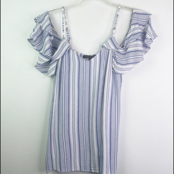 Supply & Demand Size Medium Blue & White Off the Shoulder Swing Top with Strap - Picture 1 of 10